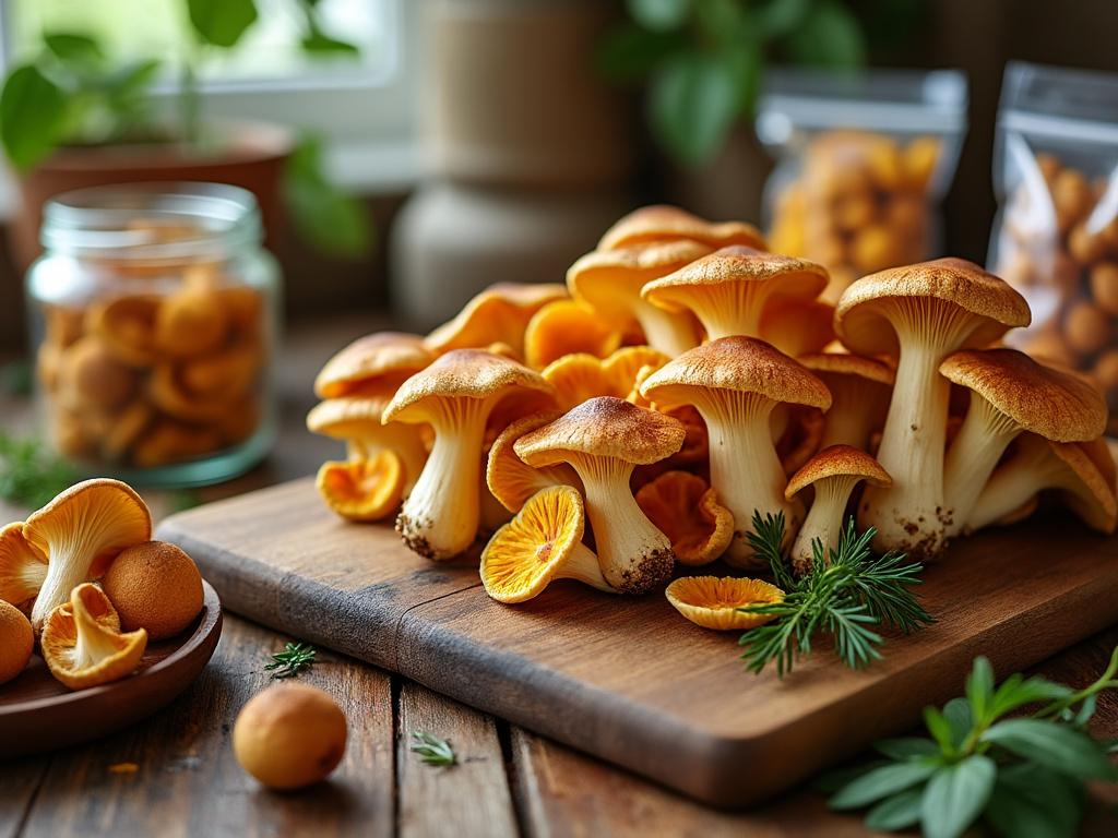 Champignons fraîchement récoltés sur une planche en bois.