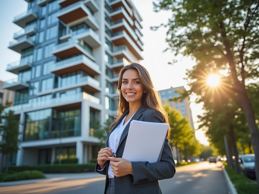 Femme souriante avec documents devant immeuble moderne.