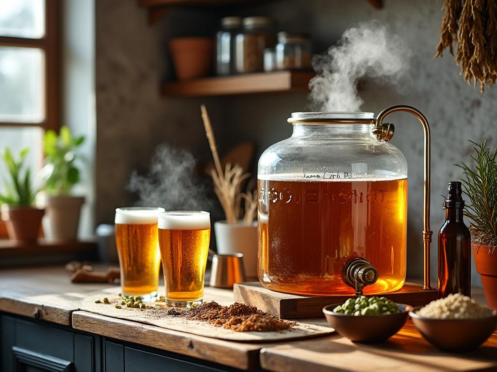 Brassage de bière artisanal dans une cuisine rustique.