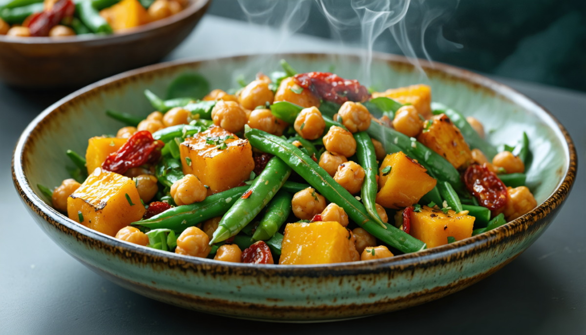 découvrez la salade gourmande délice tiède, alliant pois chiches savoureux, haricots verts croquants, courge rôtie et tomates séchées pour une explosion de saveurs équilibrées et réconfortantes.