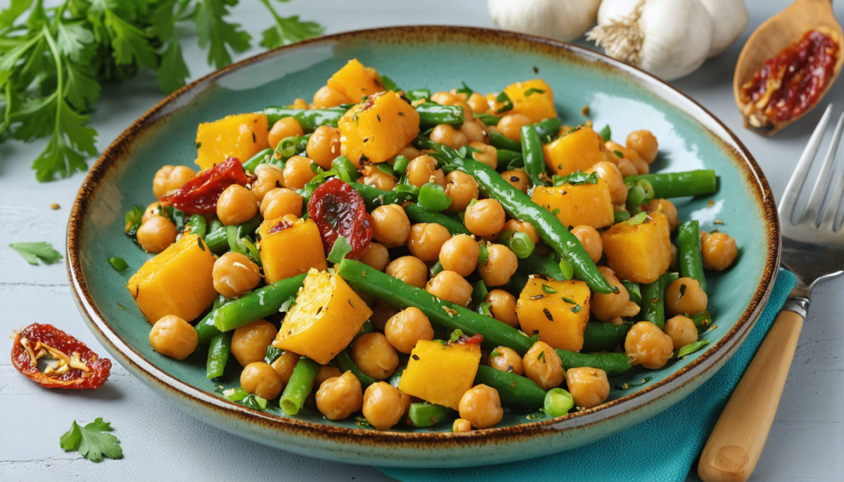 découvrez notre salade gourmande tiède alliant pois chiches, haricots verts croquants, courge rôtie et tomates séchées, pour un délice sain et savoureux.