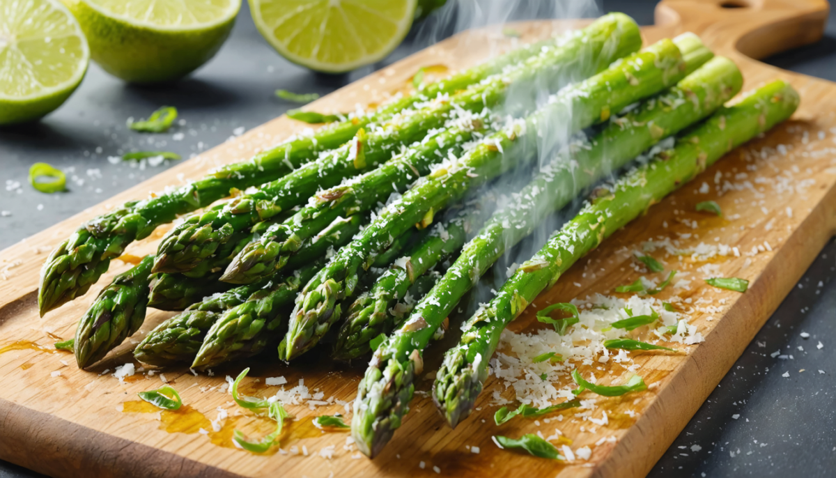 découvrez notre recette rapide et gourmande d'asperges vertes rôties au four, sublimées par le parmesan fondant et le zeste frais de citron vert pour une explosion de saveurs.