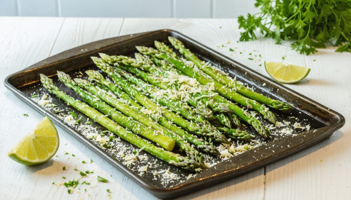 découvrez notre recette rapide et gourmande d'asperges vertes rôties au four, sublimées par le parmesan fondant et le zeste acidulé de citron vert pour une explosion de saveurs.