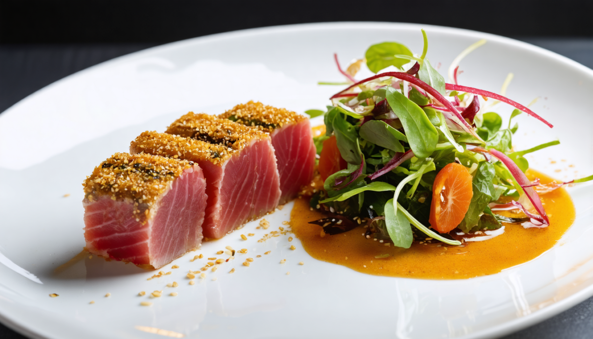 découvrez notre tataki de thon rouge en croûte de sésame, accompagné d'une salade croquante d'algues fraîches, pour une explosion de saveurs marines délicates et raffinées.