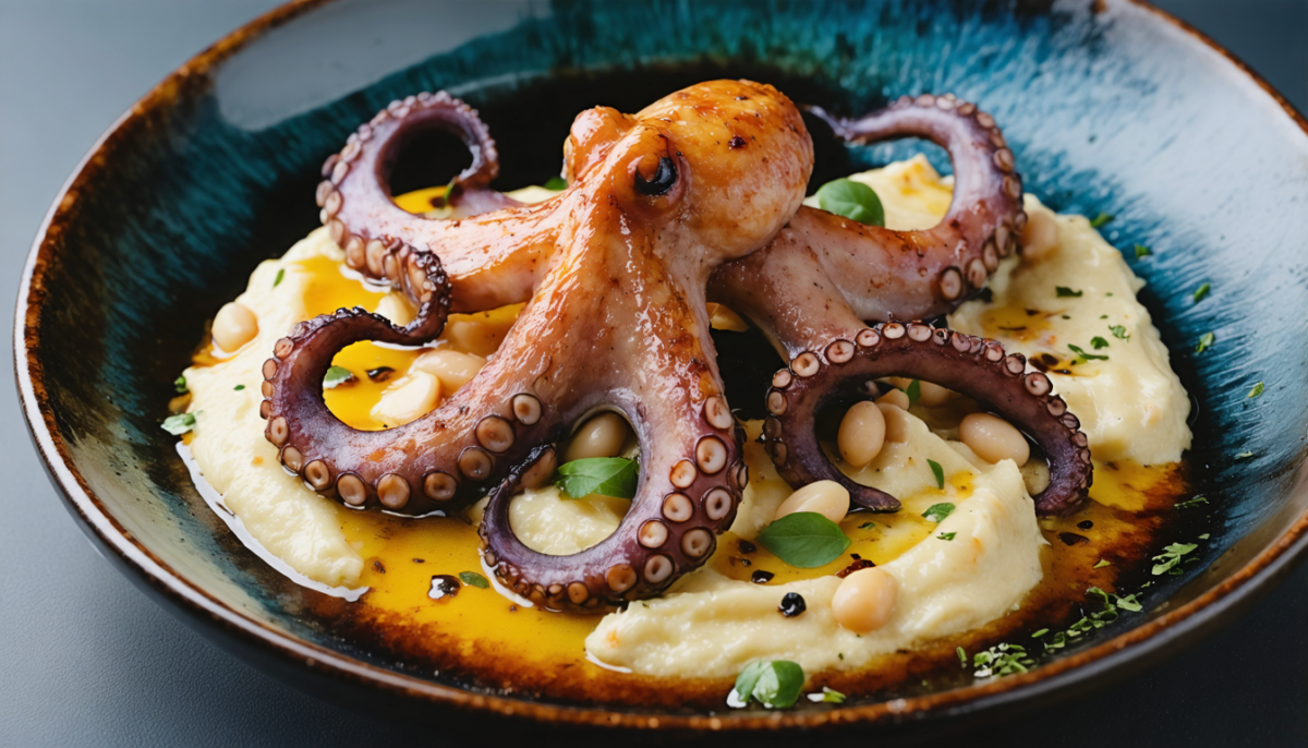 découvrez une délicieuse recette de poulpe grillé servi avec une purée de haricots blancs infusée au chorizo aromatique, pour un voyage savoureux aux saveurs de la mer.
