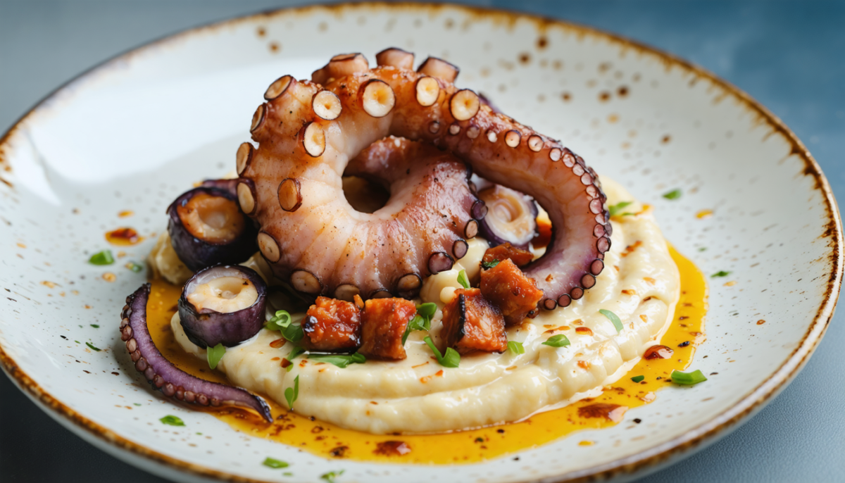 découvrez l'alliance parfaite des saveurs marines avec notre poulpe grillé, accompagné d'une purée de haricots blancs infusée au chorizo aromatique, pour un voyage gustatif inoubliable.