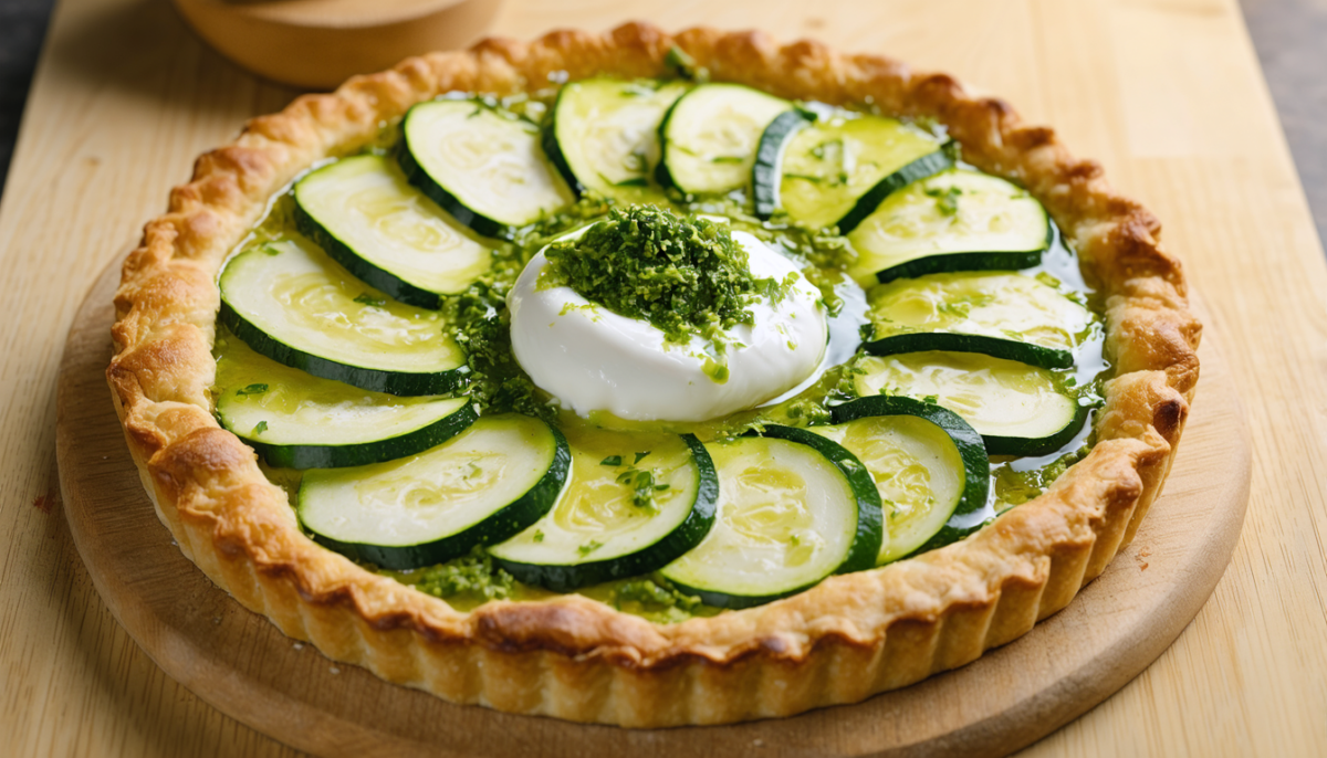 découvrez notre recette facile de tarte aux courgettes et burrata fondante, relevée par une délicieuse crème de pesto, pour un plat gourmand et savoureux à tester sans attendre.