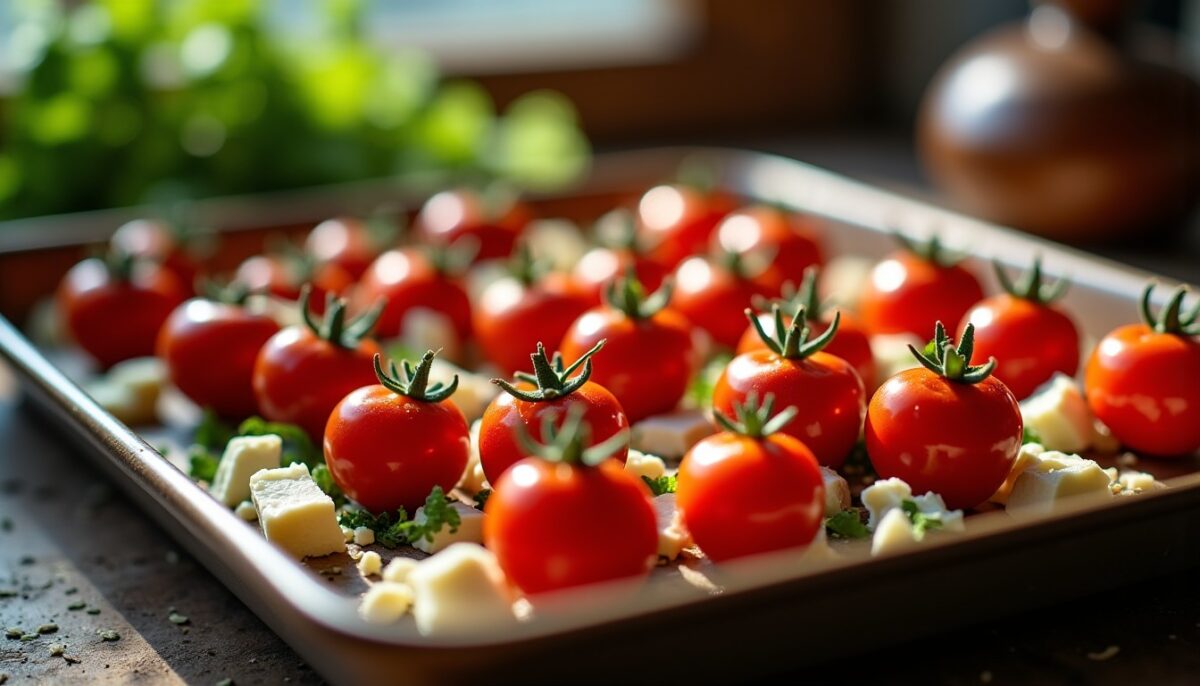 Saveurs Authentiques : Tomates Cerises Rôties au Four, Feta Fondante et Notes d’Origan
