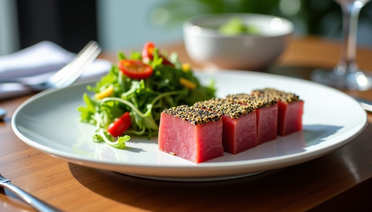 Explosion de saveurs marines : Tataki de thon rouge en croûte de sésame, servi avec une salade croquante d’algues fraîches