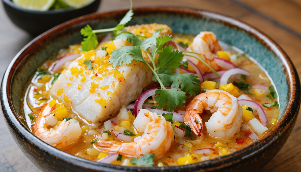 découvrez notre ceviche péruvien authentique avec une daurade exquise et des crevettes savoureuses, baignés dans une leche de tigre fraîche et revigorante, pour une explosion de saveurs traditionnelles.